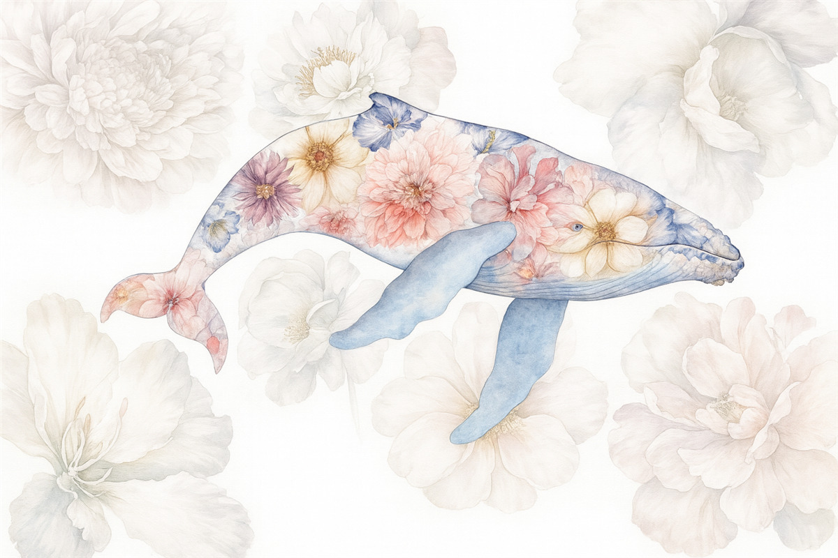 Fototapeta Wieloryb z akwarelowymi roślinami, stworzenia oceanu, prostota, barwny.
