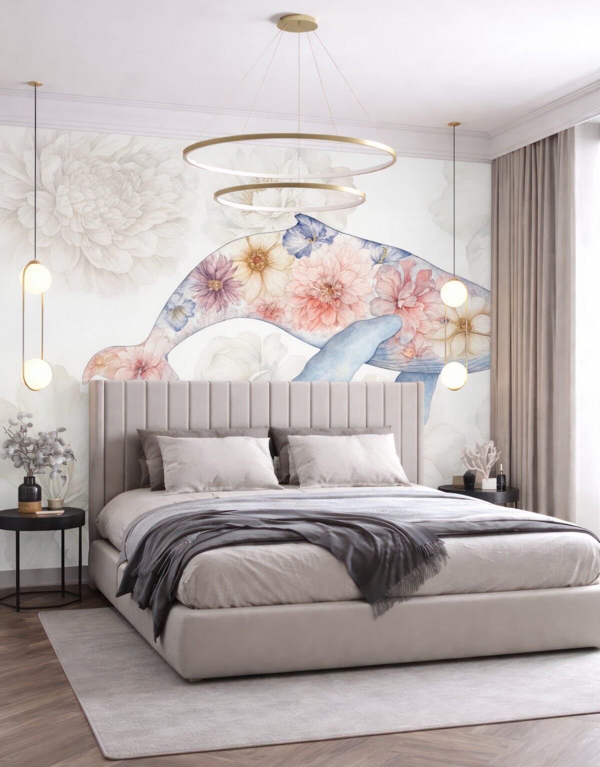 Fototapeta Wieloryb z akwarelowymi roślinami, stworzenia oceanu, prostota, barwny.