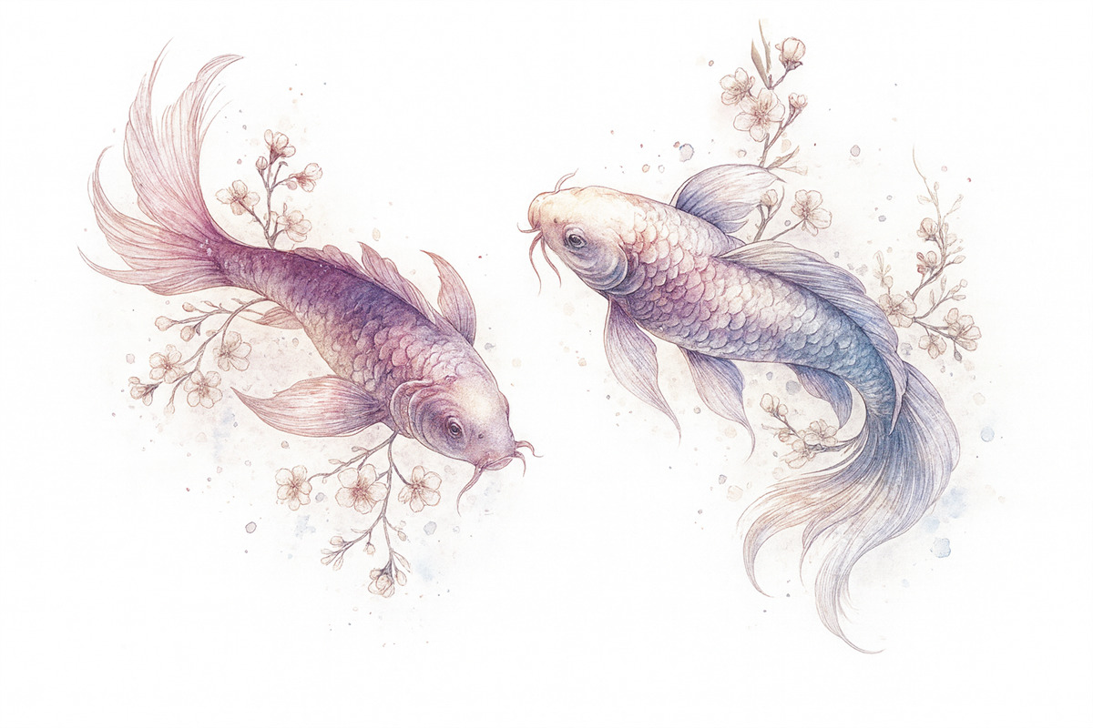 Fototapeta Akwarela rybka, styl wschodni, drzewo czereśniowe, błękitny i fioletowy.