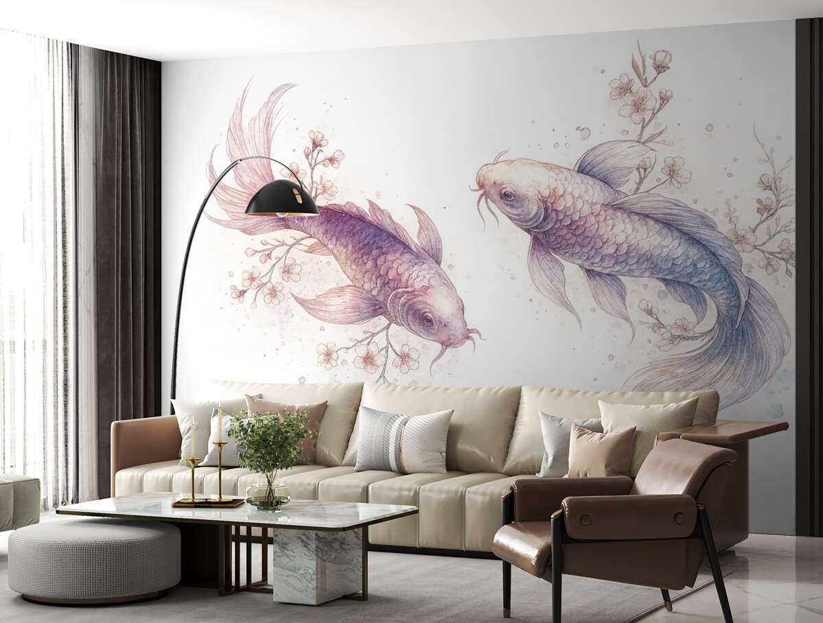 Fototapeta Akwarela rybka, styl wschodni, drzewo czereśniowe, błękitny i fioletowy.