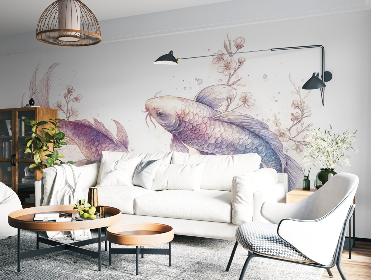 Fototapeta Akwarela rybka, styl wschodni, drzewo czereśniowe, błękitny i fioletowy.