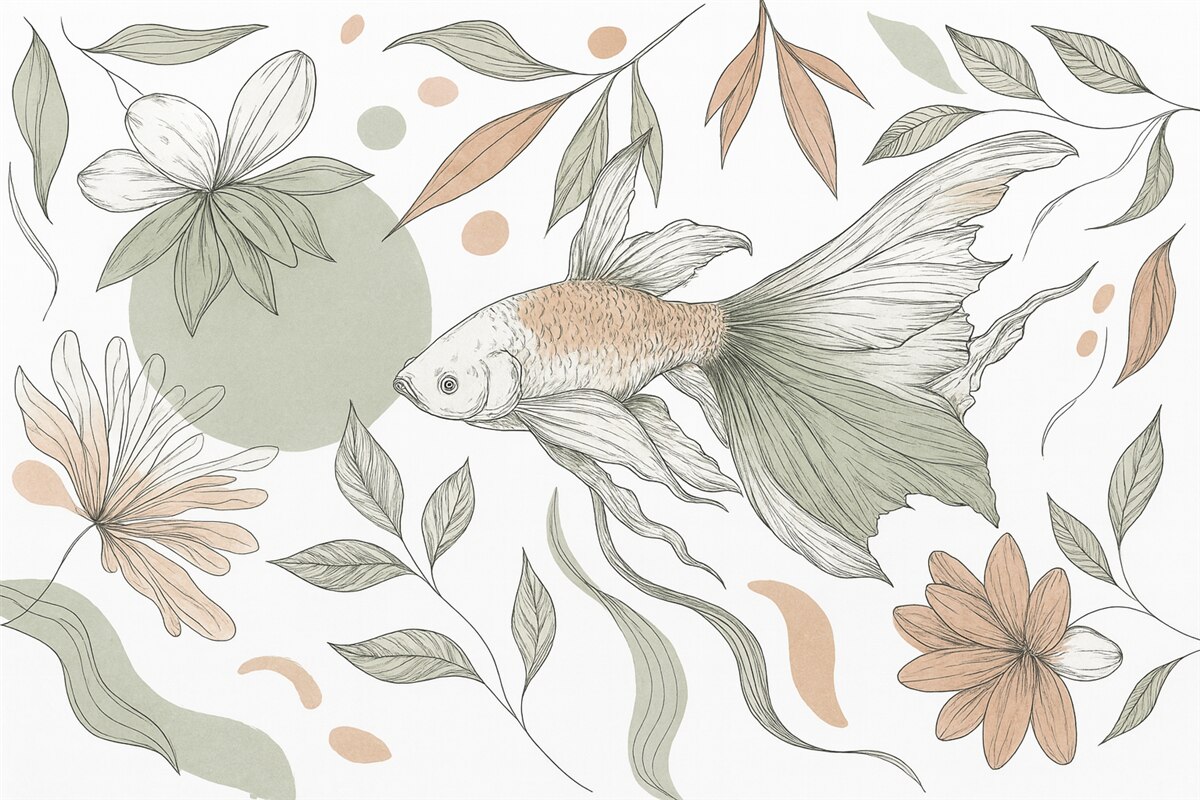 Fototapeta Obrazek linii ryby z kwiatami, minimalizm, oceaniczny, florystyczny, naturalne odcienie.