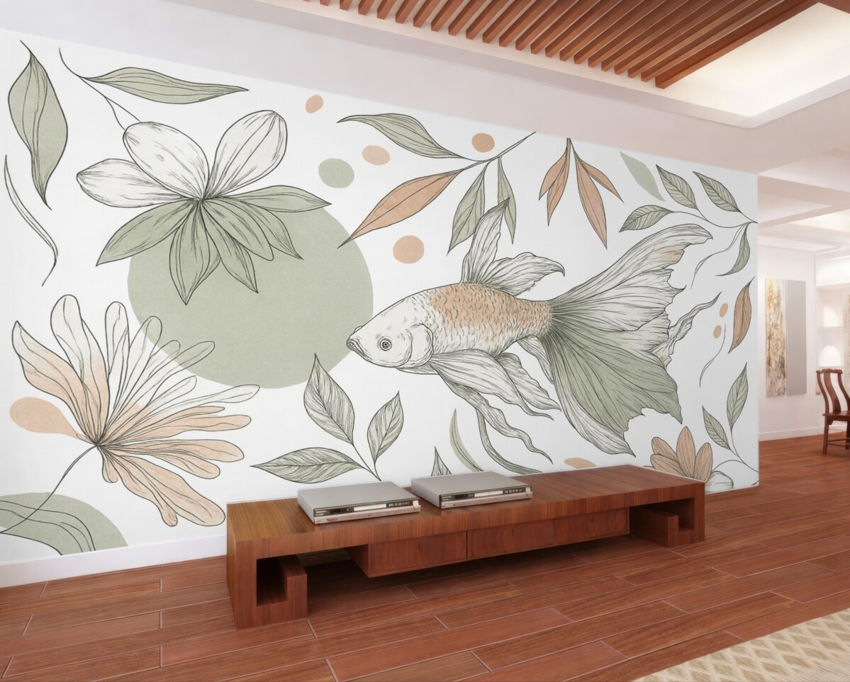 Fototapeta Obrazek linii ryby z kwiatami, minimalizm, oceaniczny, florystyczny, naturalne odcienie.