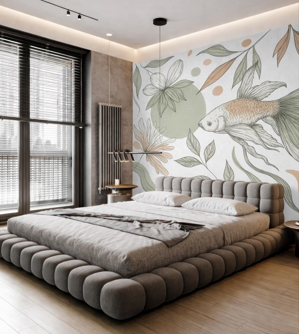 Fototapeta Obrazek linii ryby z kwiatami, minimalizm, oceaniczny, florystyczny, naturalne odcienie.