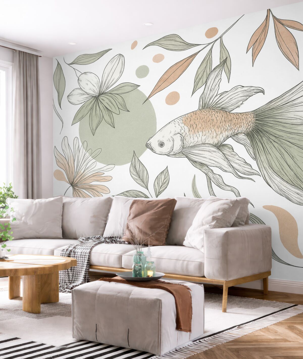 Fototapeta Obrazek linii ryby z kwiatami, minimalizm, oceaniczny, florystyczny, naturalne odcienie.