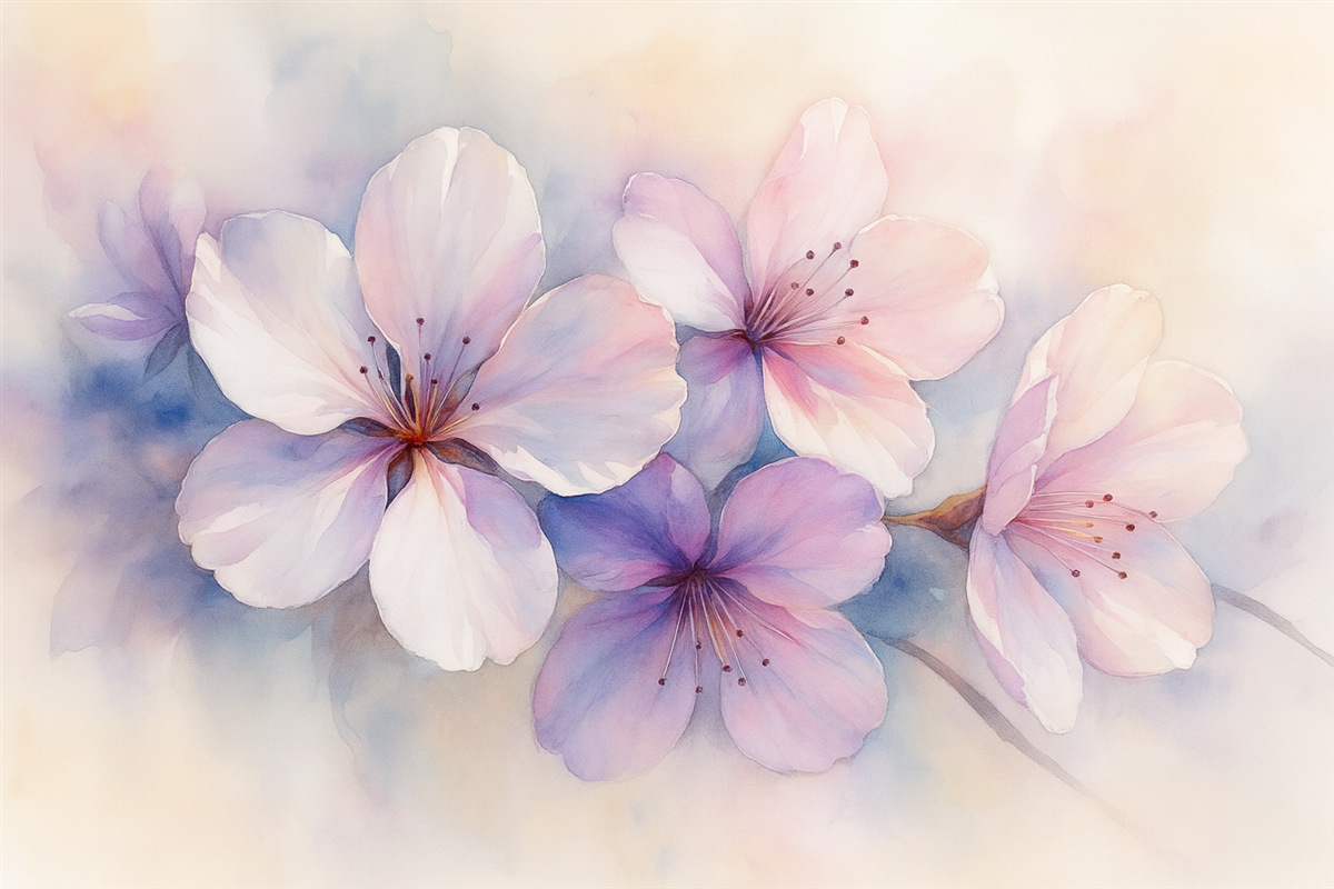 Fototapeta Subtelna gałązka z kwiatami w stylu malarskim akwarelowym.