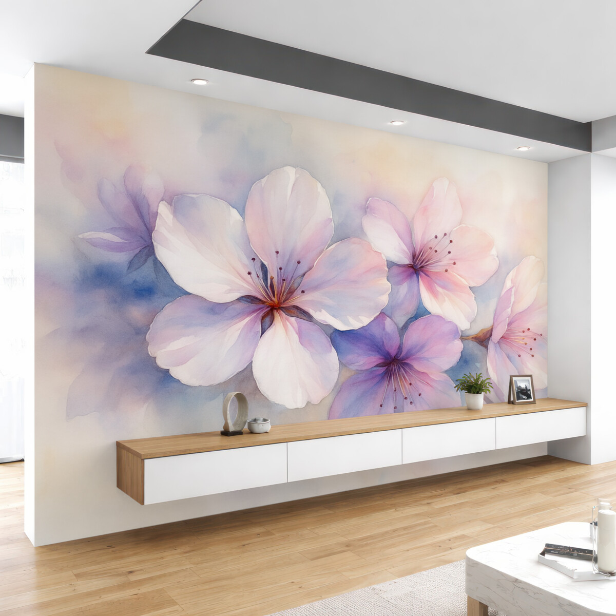 Fototapeta Subtelna gałązka z kwiatami w stylu malarskim akwarelowym.