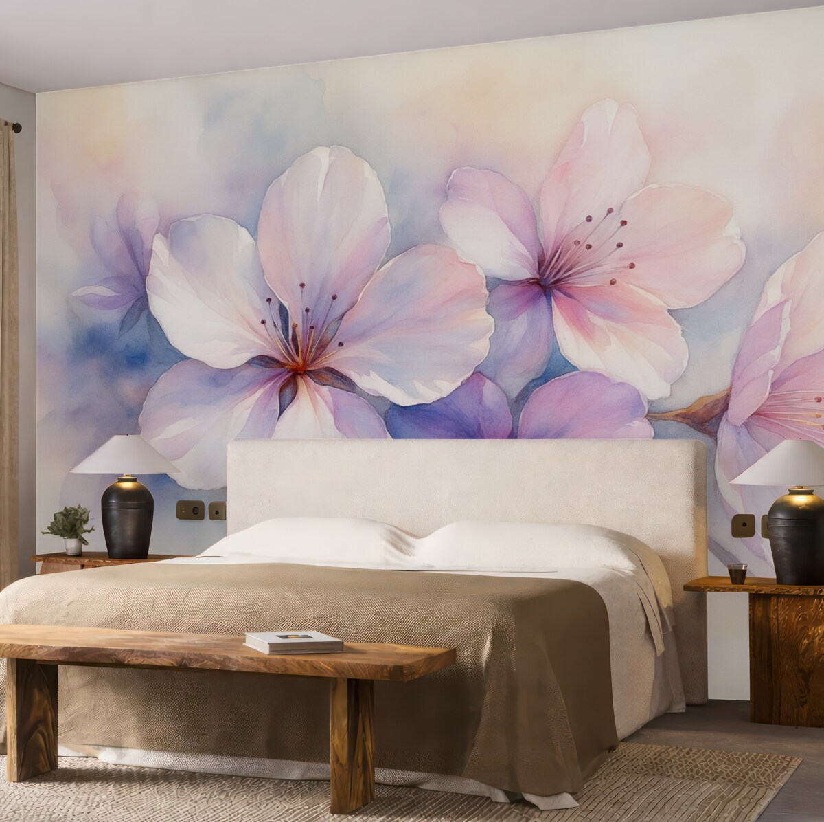 Fototapeta Subtelna gałązka z kwiatami w stylu malarskim akwarelowym.