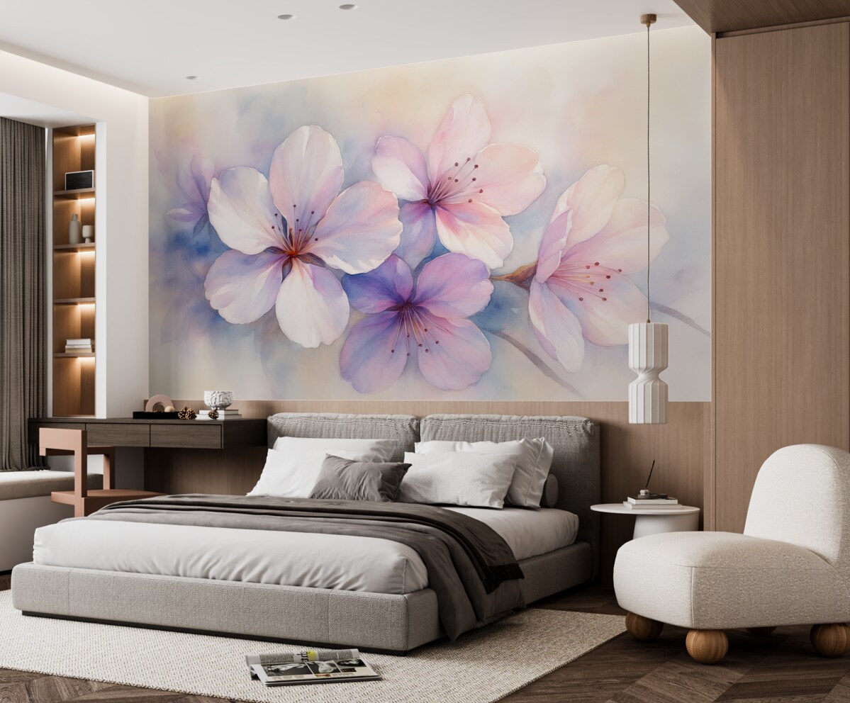 Fototapeta Subtelna gałązka z kwiatami w stylu malarskim akwarelowym.