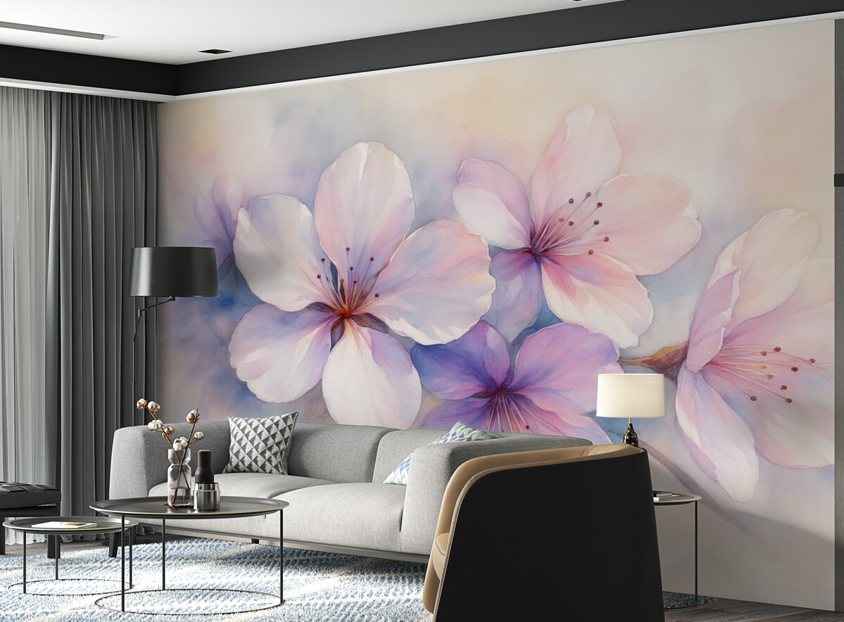 Fototapeta Subtelna gałązka z kwiatami w stylu malarskim akwarelowym.