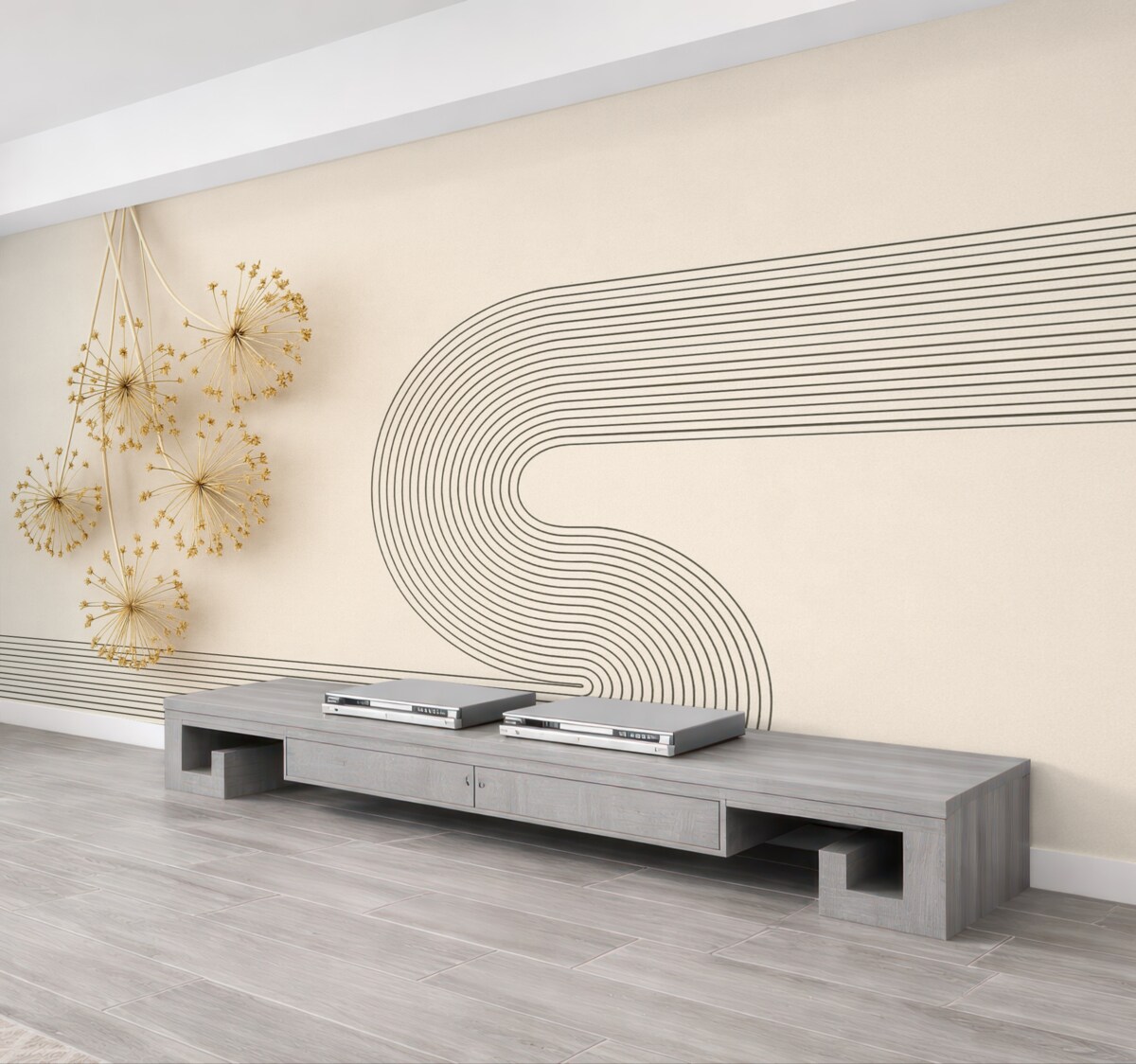 Fototapeta Eleganckie suszone rośliny i linie w tonacjach beżowych.