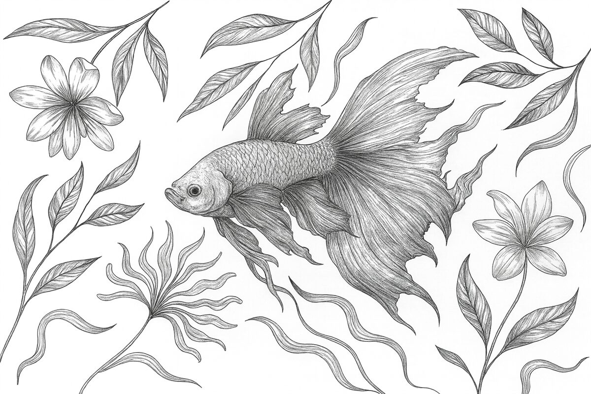 Fototapeta Rysunek linii ryby z roślinami, minimalizm, morski, florystyczny, styl atramentu.