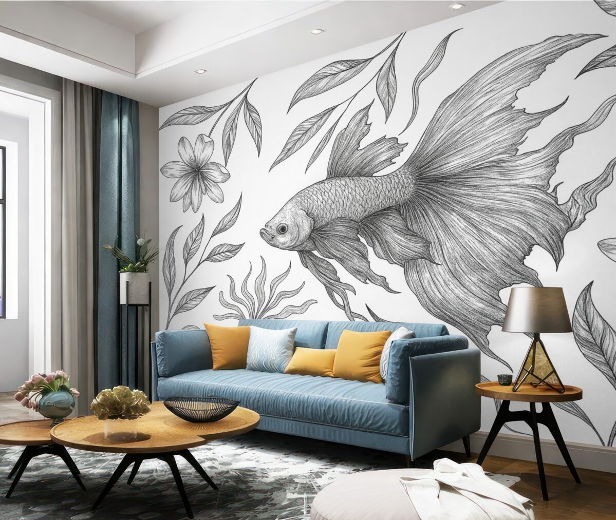 Fototapeta Rysunek linii ryby z roślinami, minimalizm, morski, florystyczny, styl atramentu.