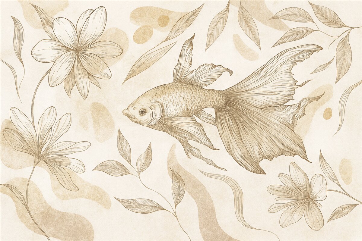 Fototapeta Ryba z motywami kwiatowymi, beżowe tło, szkic liniowy.
