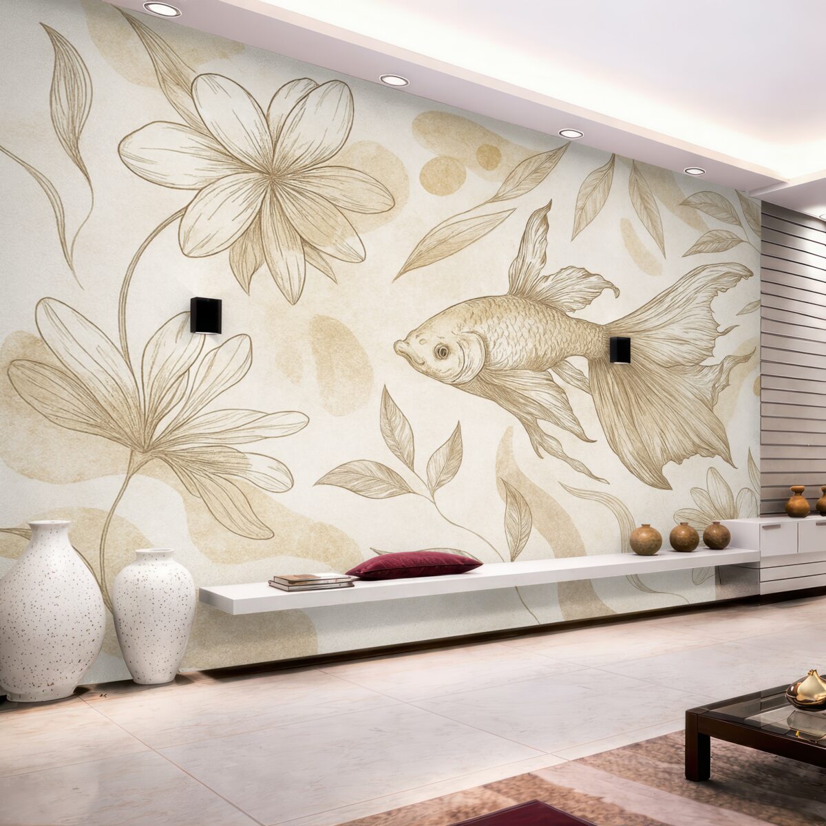 Fototapeta Ryba z motywami kwiatowymi, beżowe tło, szkic liniowy.