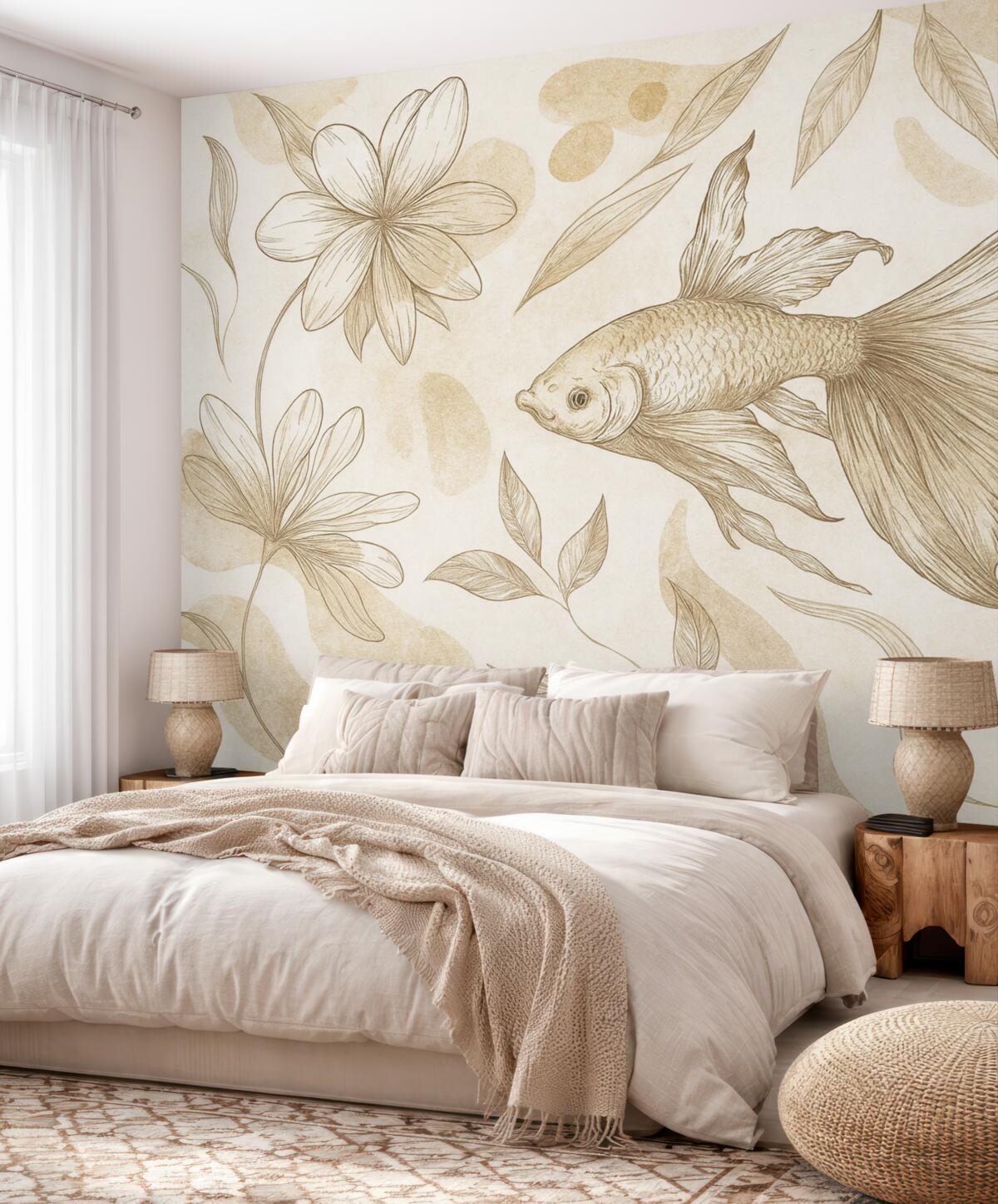 Fototapeta Ryba z motywami kwiatowymi, beżowe tło, szkic liniowy.