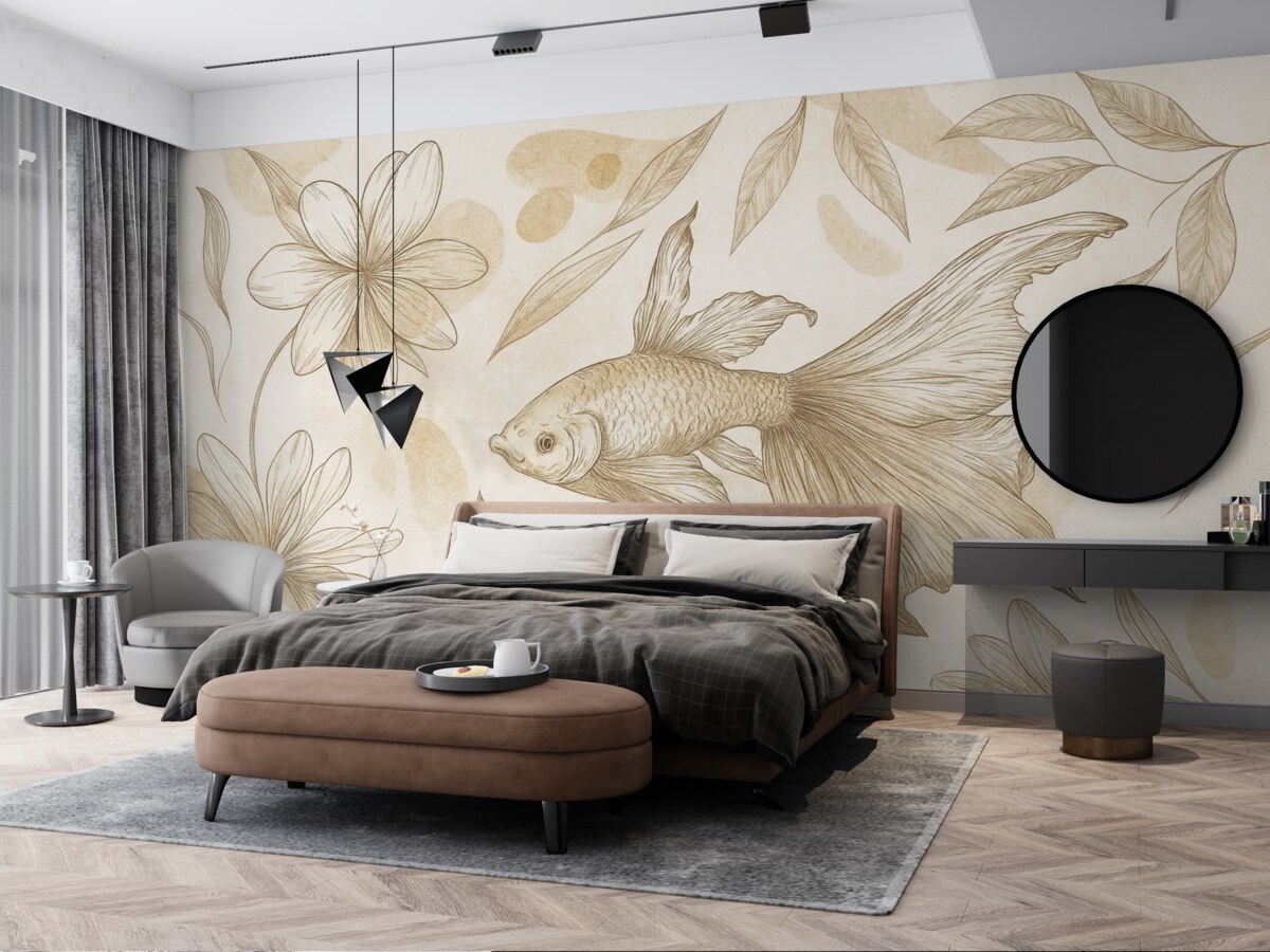 Fototapeta Ryba z motywami kwiatowymi, beżowe tło, szkic liniowy.