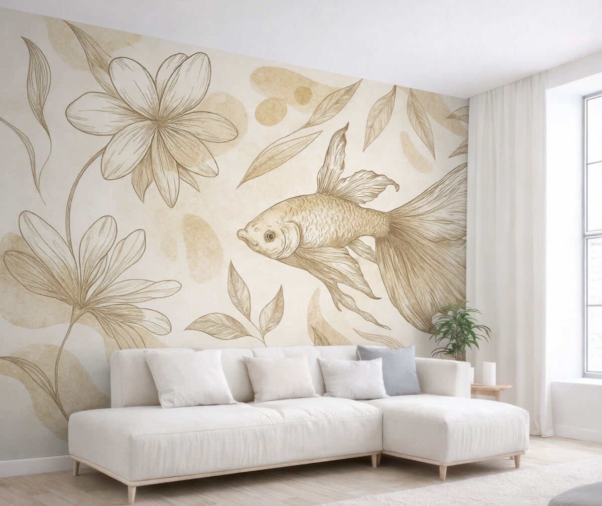 Fototapeta Ryba z motywami kwiatowymi, beżowe tło, szkic liniowy.