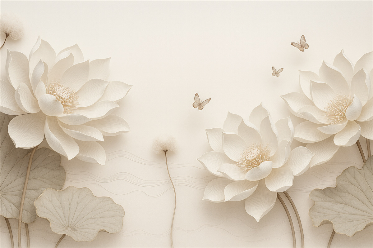 Fototapeta Kwiaty lotosu z motylami unoszącymi się nad wodą.