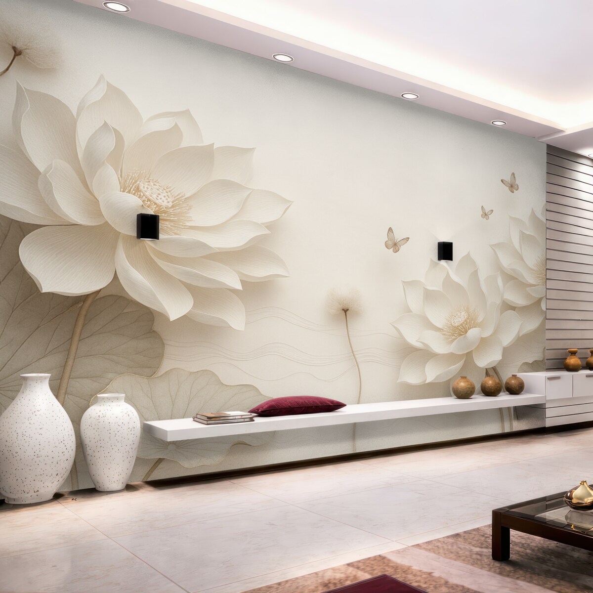 Fototapeta Kwiaty lotosu z motylami unoszącymi się nad wodą.