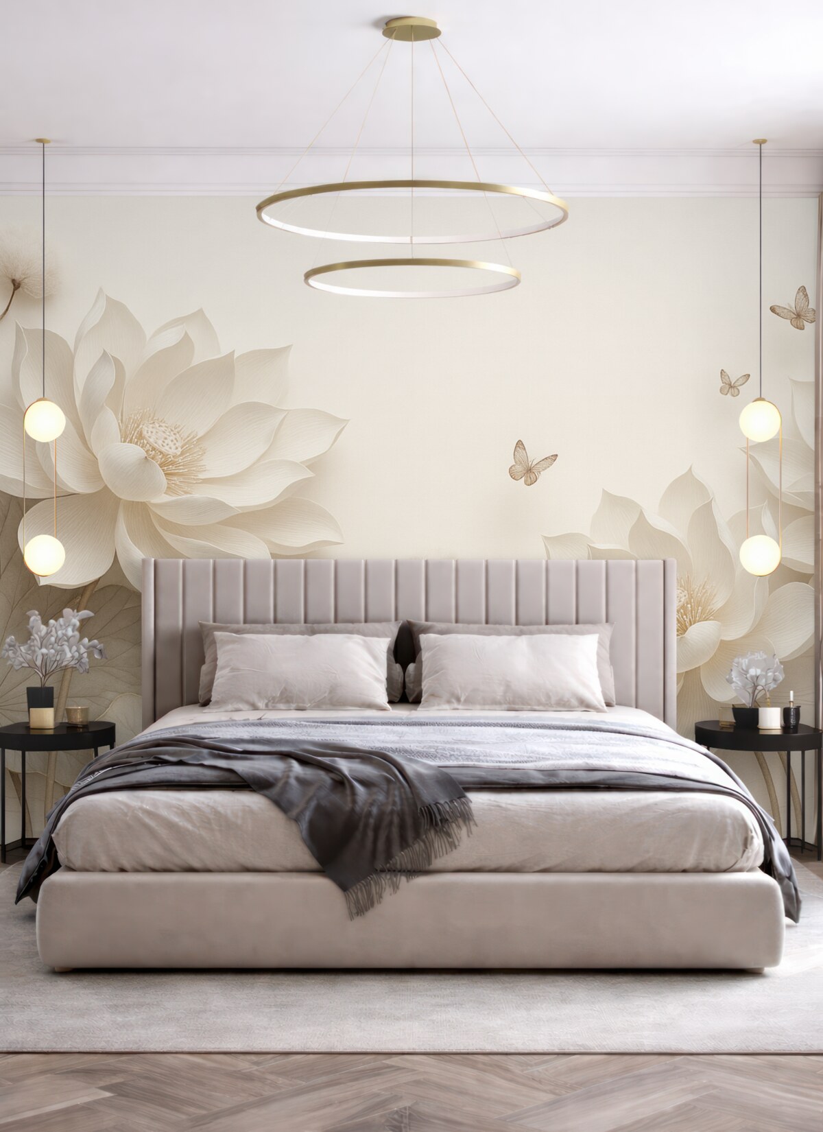 Fototapeta Kwiaty lotosu z motylami unoszącymi się nad wodą.