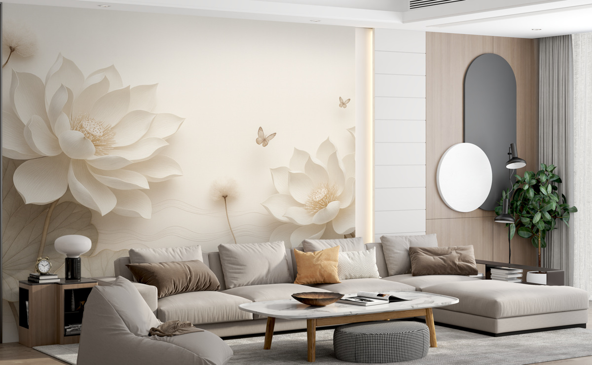 Fototapeta Kwiaty lotosu z motylami unoszącymi się nad wodą.