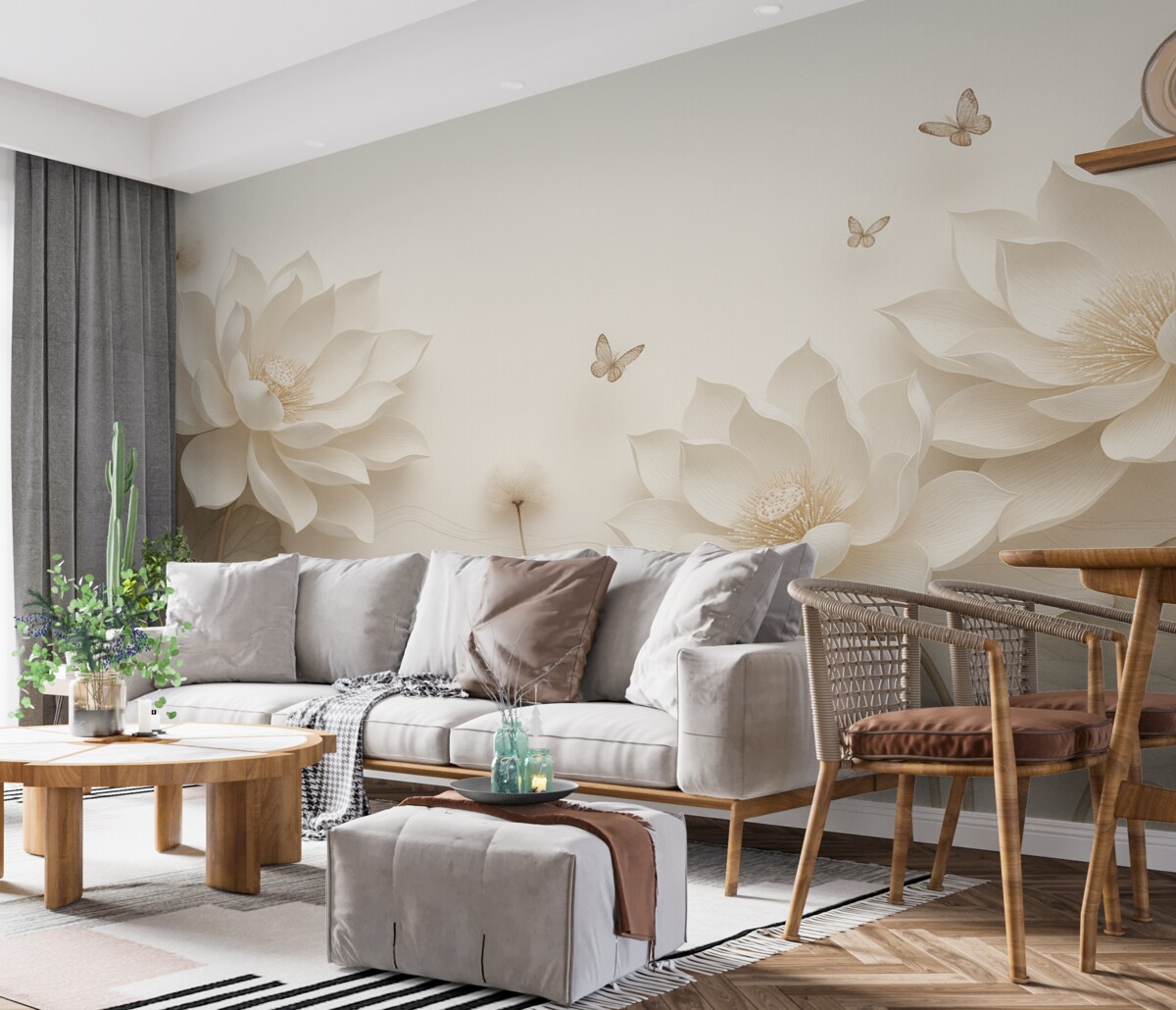 Fototapeta Kwiaty lotosu z motylami unoszącymi się nad wodą.