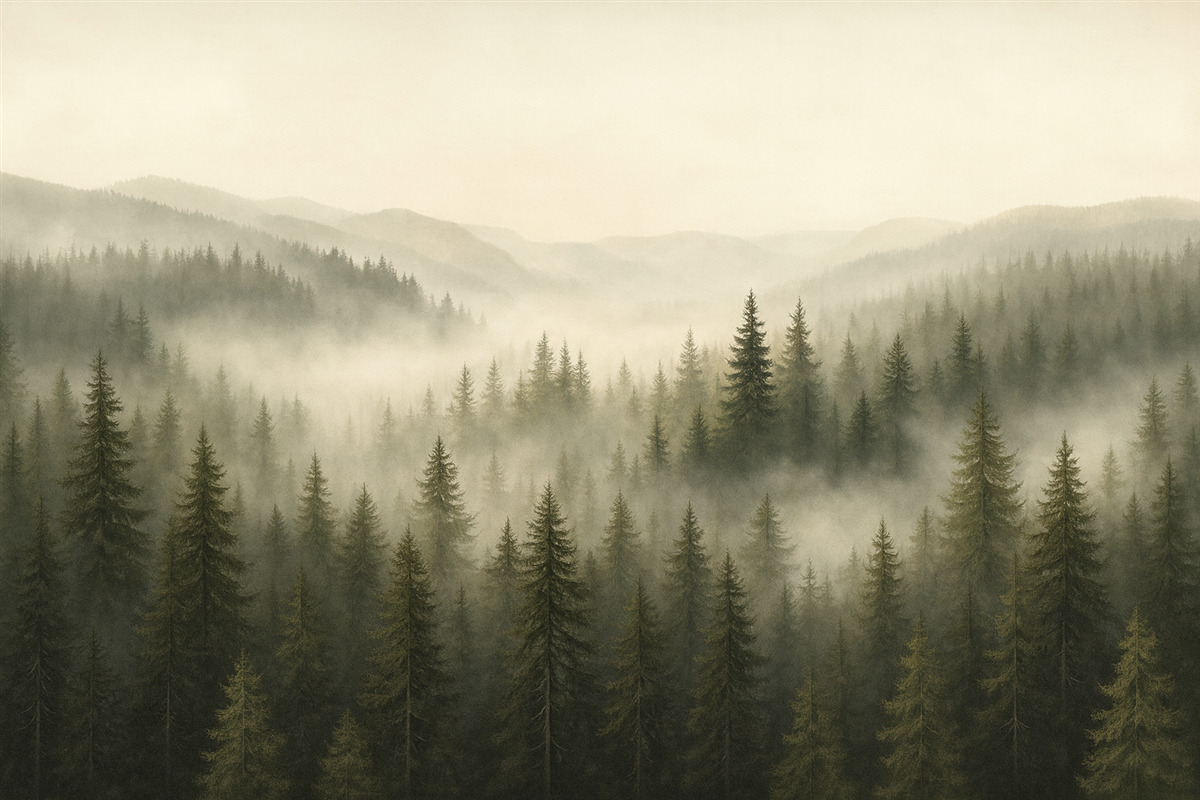 Fototapeta Zamglony las sosnowy.