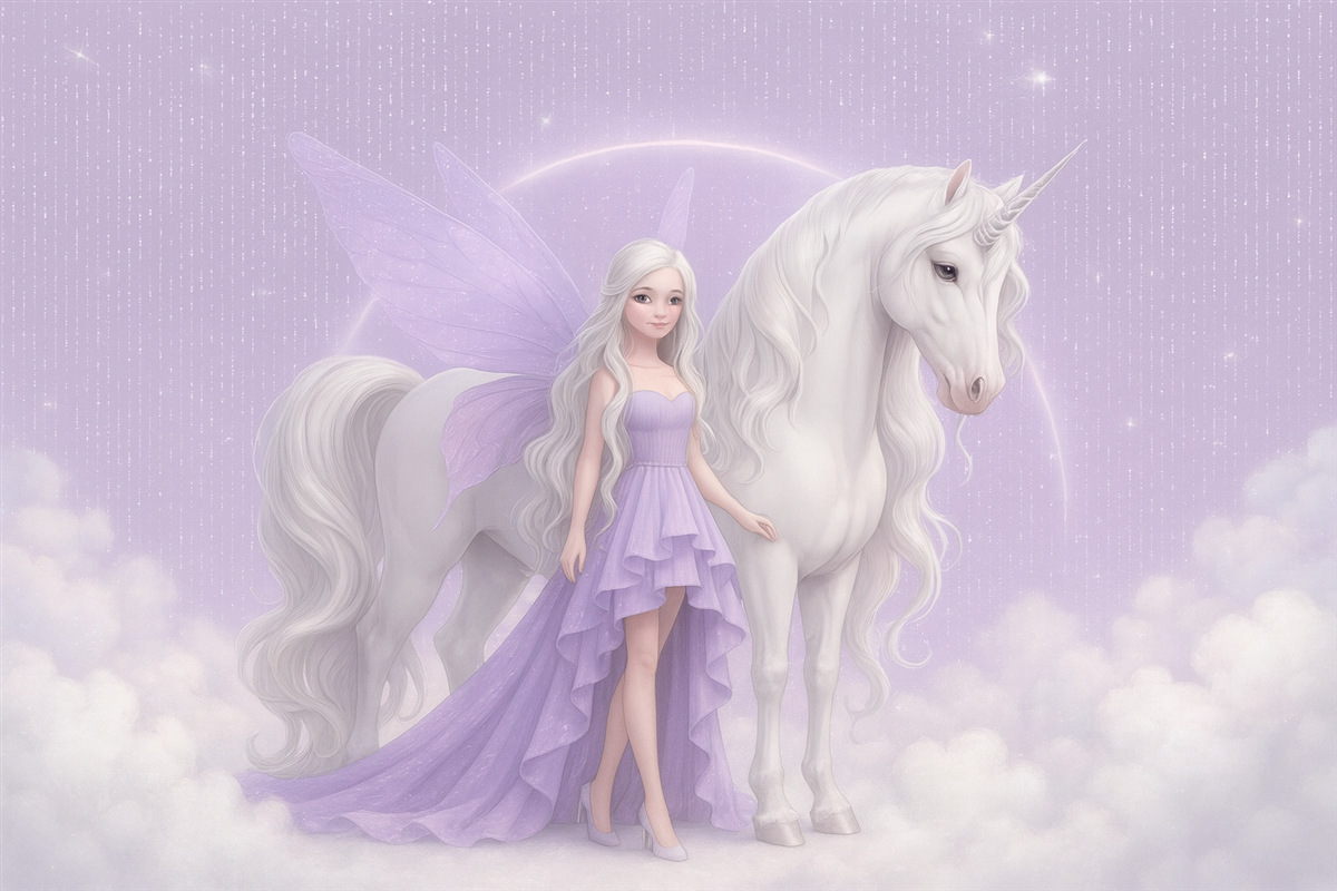 Fototapeta Wróżka z jednorożcem pośród chmur.