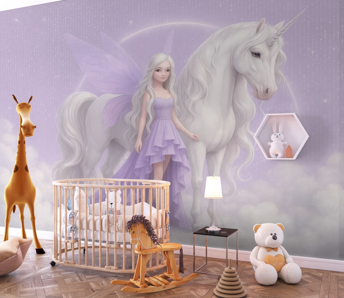 Fototapeta Wróżka z jednorożcem pośród chmur.