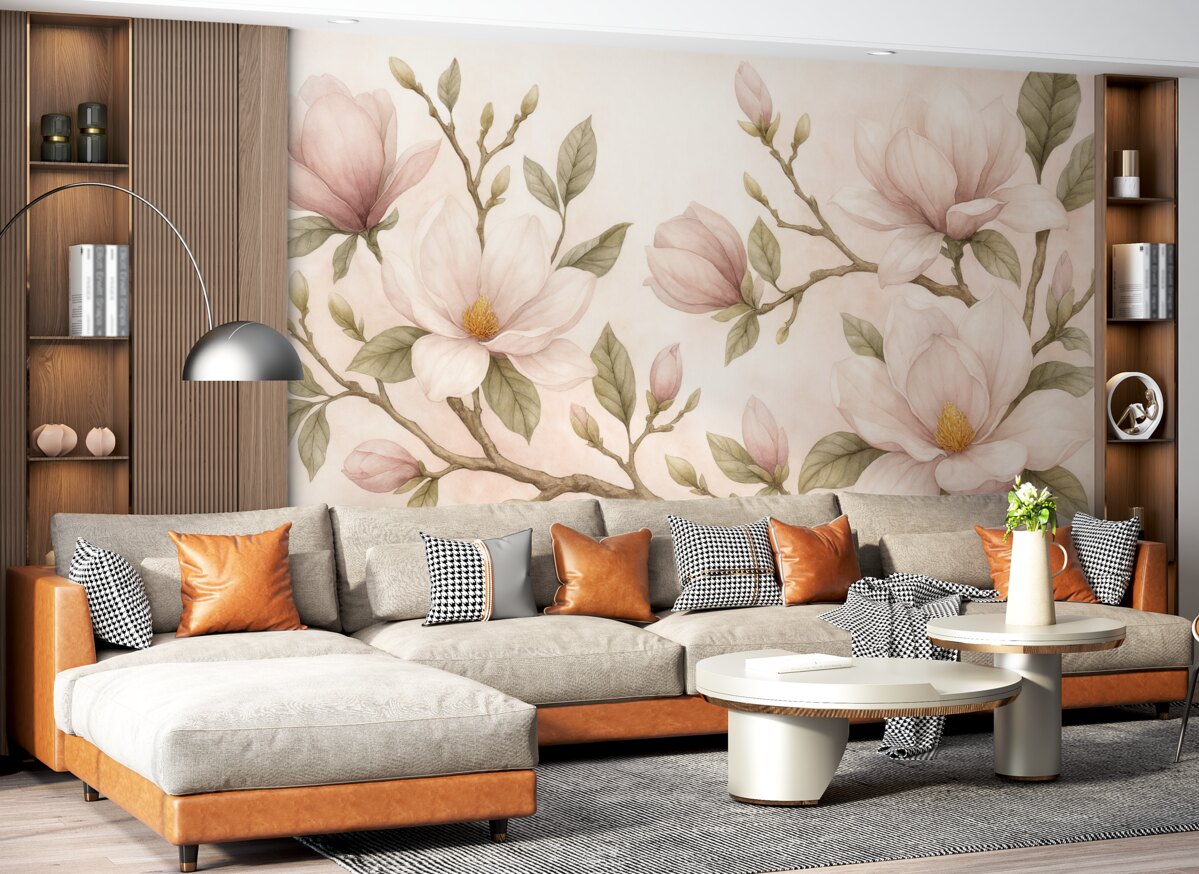 Fototapeta Kwitnące gałązki magnolii w subtelnych pastelowych tonacjach.