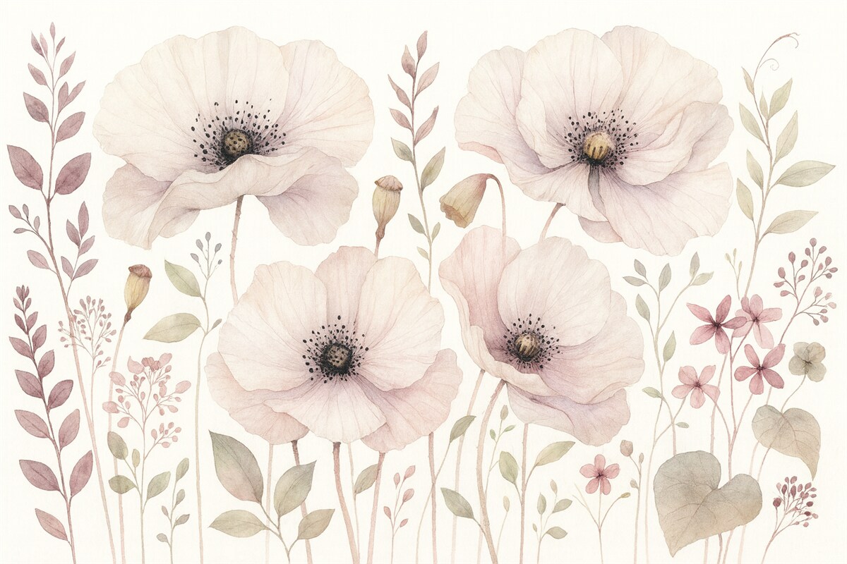 Fototapeta Kwiaty akwarelowe w subtelnych, naturalnych tonach.