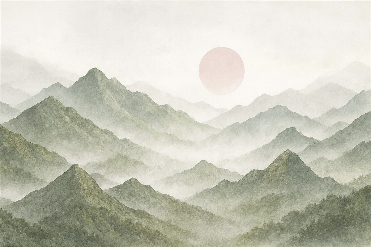 Fototapeta Boho styl górski krajobraz, zachód słońca, delikatny pastel, zielony.