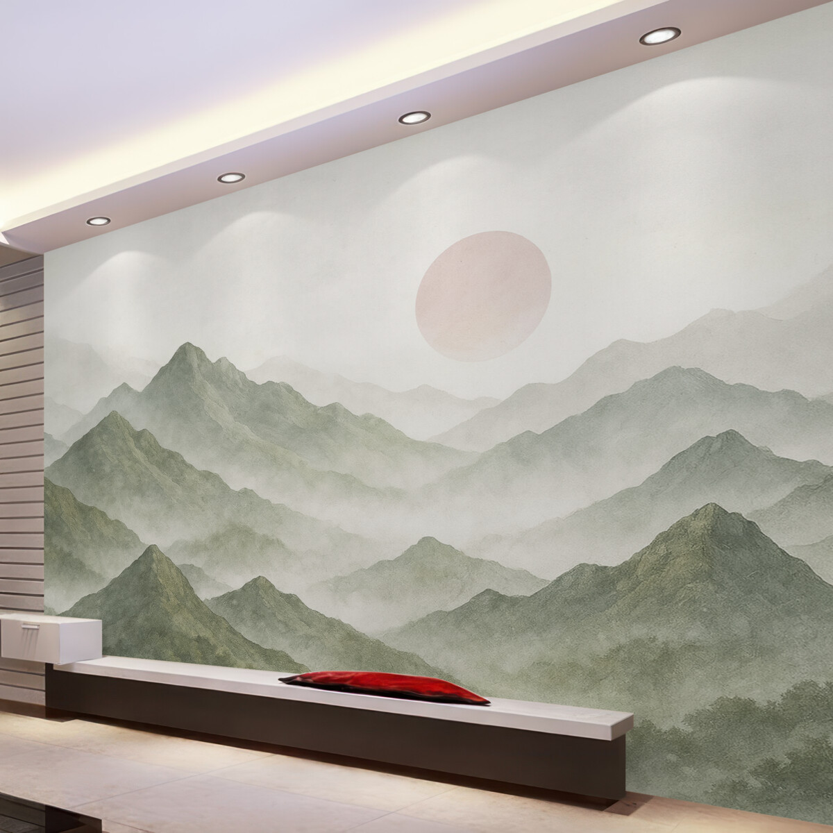 Fototapeta Boho styl górski krajobraz, zachód słońca, delikatny pastel, zielony.