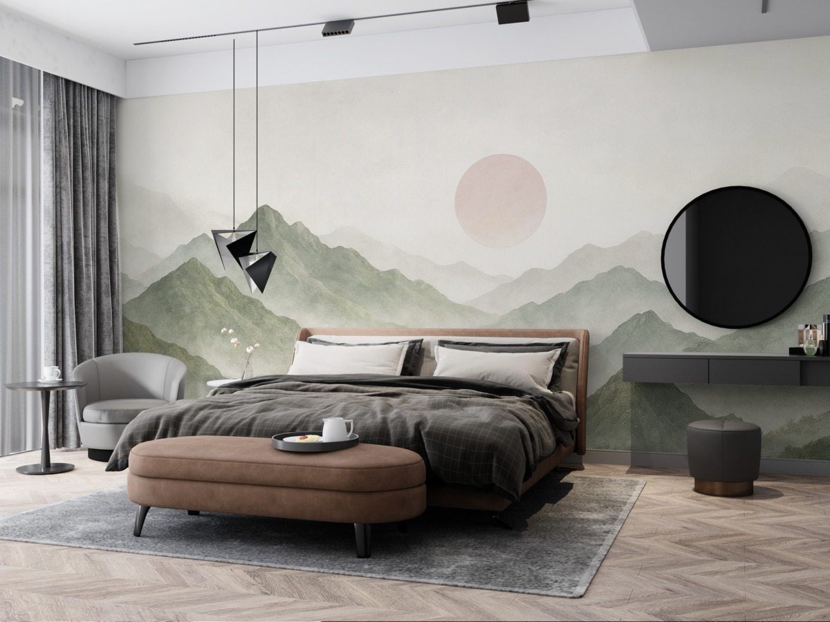 Fototapeta Boho styl górski krajobraz, zachód słońca, delikatny pastel, zielony.