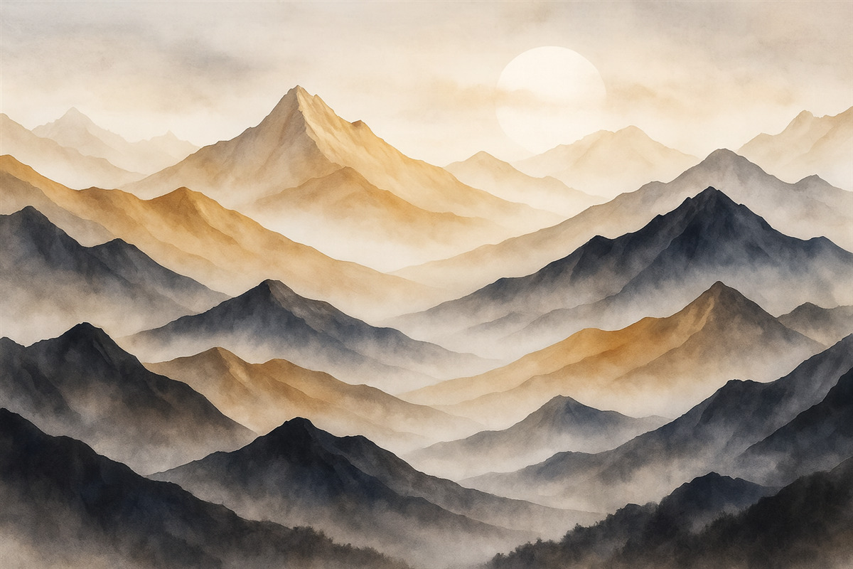 Fototapeta Pejzaże górskie, technika akwareli, mgiełka, beżowy i szary.