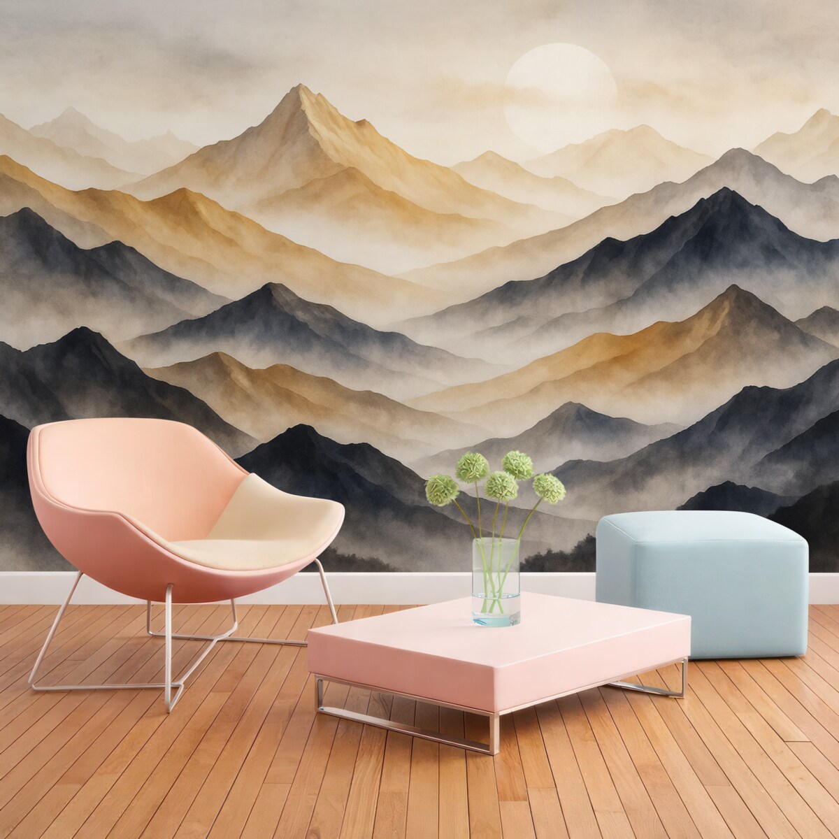 Fototapeta Pejzaże górskie, technika akwareli, mgiełka, beżowy i szary.