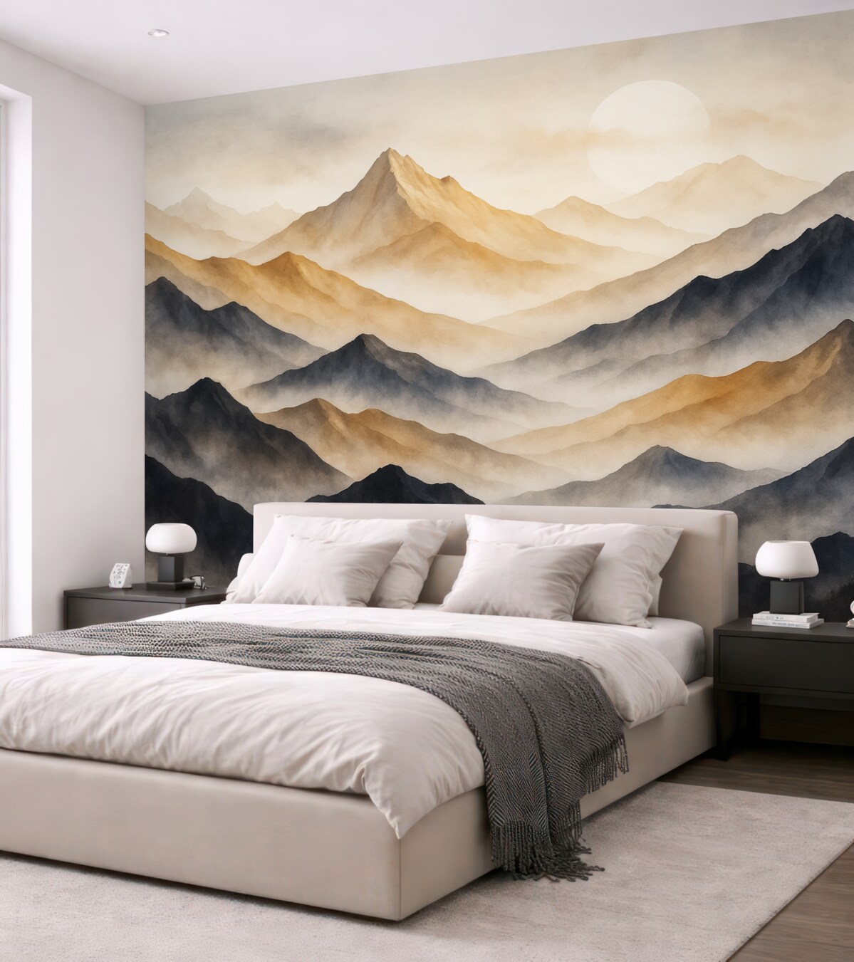 Fototapeta Pejzaże górskie, technika akwareli, mgiełka, beżowy i szary.