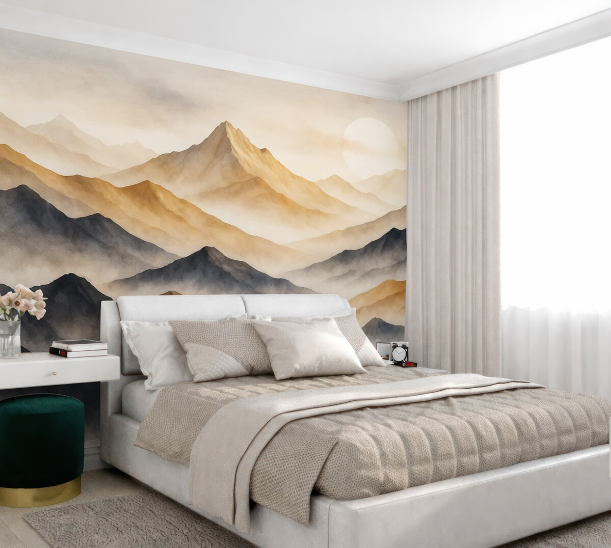 Fototapeta Pejzaże górskie, technika akwareli, mgiełka, beżowy i szary.