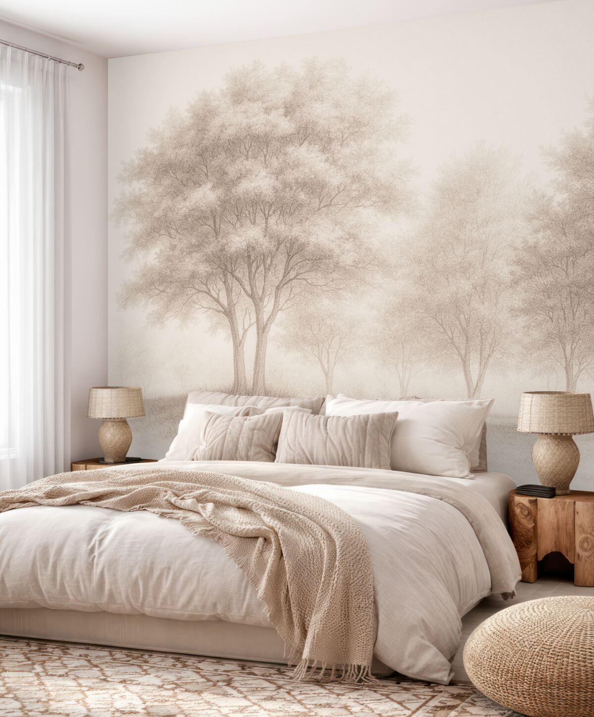 Fototapeta Rozkwitające drzewa, wiosenny czas, rysunek wykonany ołówkiem, różowe odcienie, przyroda.