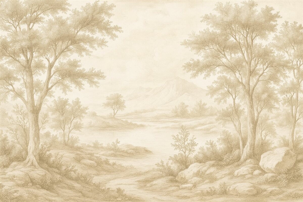 Fototapeta Drzewa na pagórku, delikatny rysunek, kremowe odcienie, wiejski.