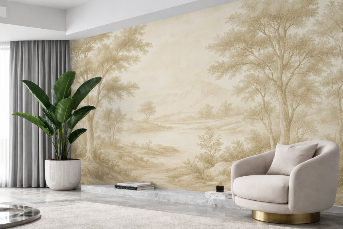 Fototapeta Drzewa na pagórku, delikatny rysunek, kremowe odcienie, wiejski.