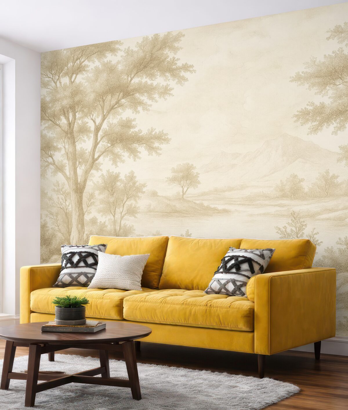 Fototapeta Drzewa na pagórku, delikatny rysunek, kremowe odcienie, wiejski.