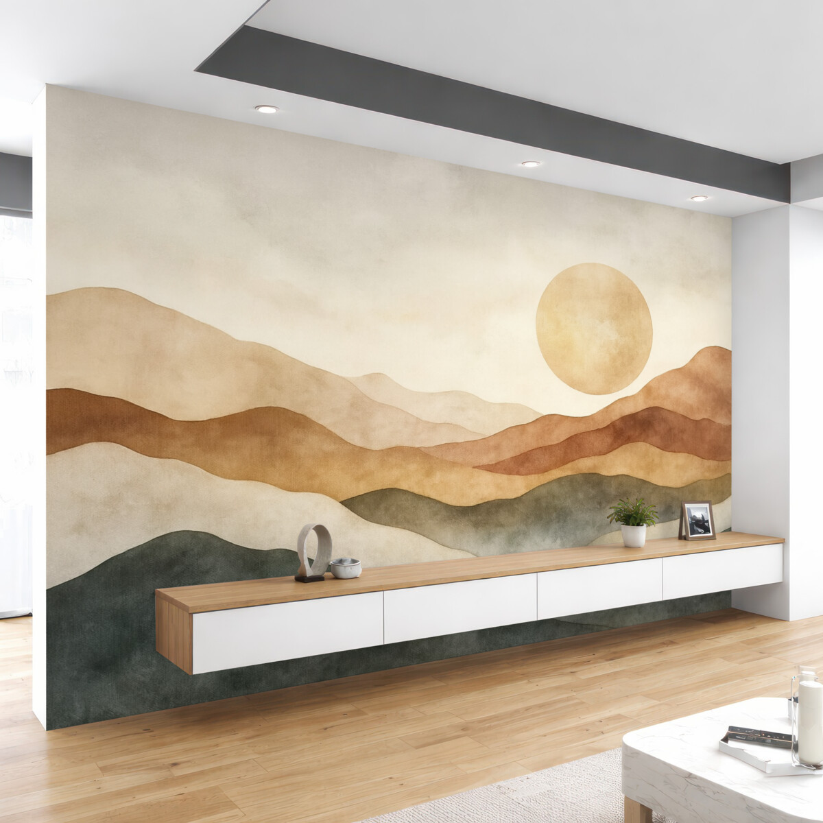 Fototapeta Akwarelowy krajobraz górski z promieniem słońca, styl boho, czerwony, pomarańczowy, szary.