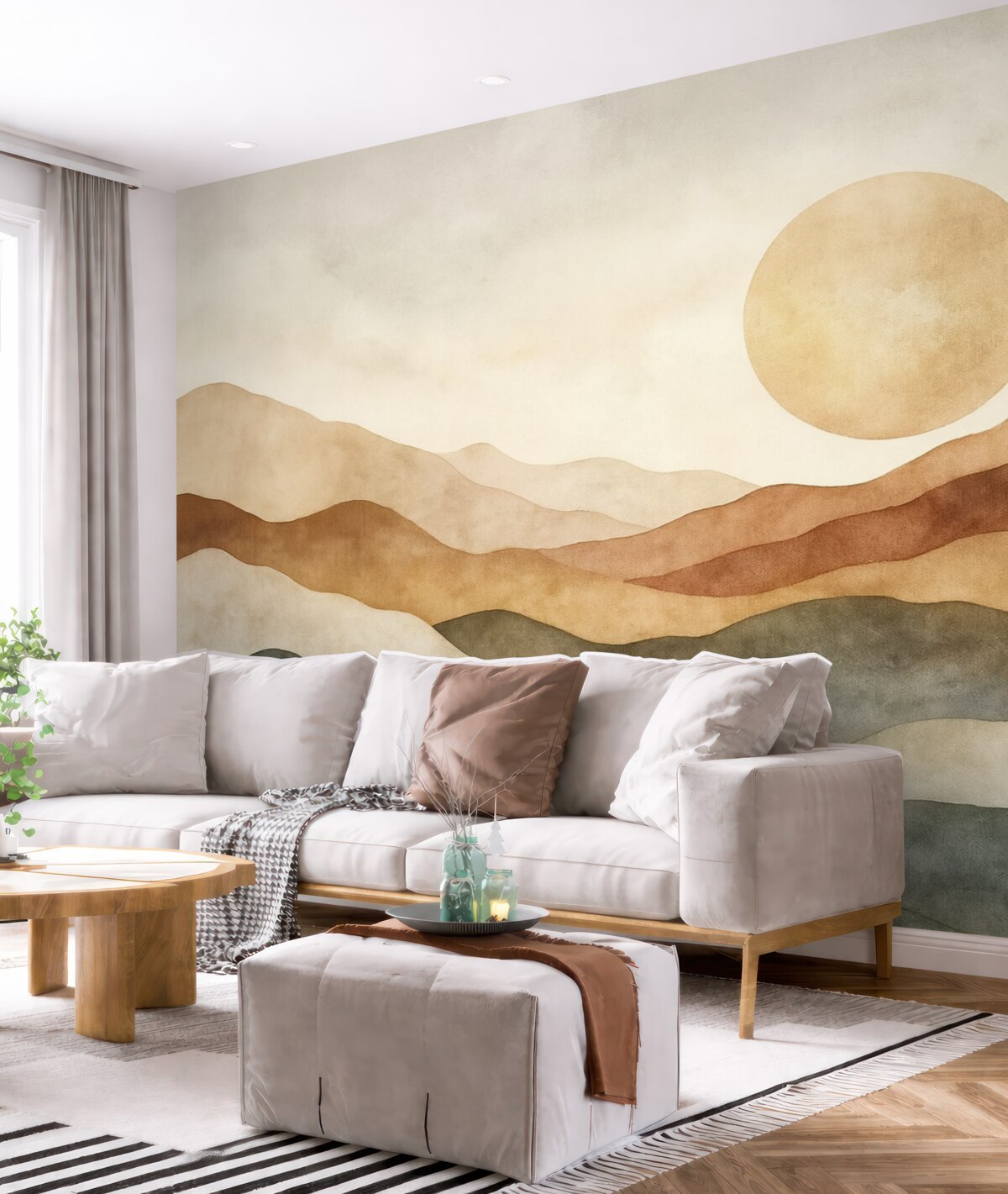 Fototapeta Akwarelowy krajobraz górski z promieniem słońca, styl boho, czerwony, pomarańczowy, szary.