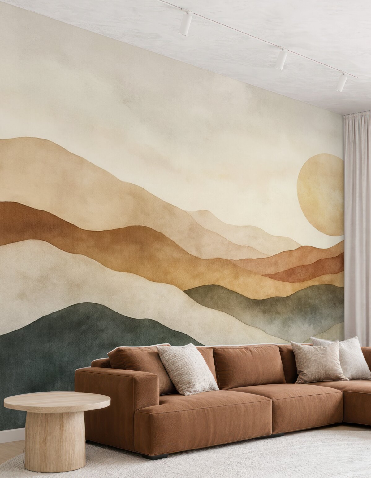 Fototapeta Akwarelowy krajobraz górski z promieniem słońca, styl boho, czerwony, pomarańczowy, szary.