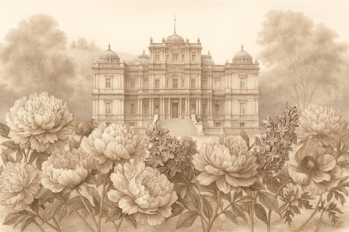 Fototapeta Królewski pałac z ogrodem peonii, w stylu akwareli, przyroda, beżowe odcienie, boho.