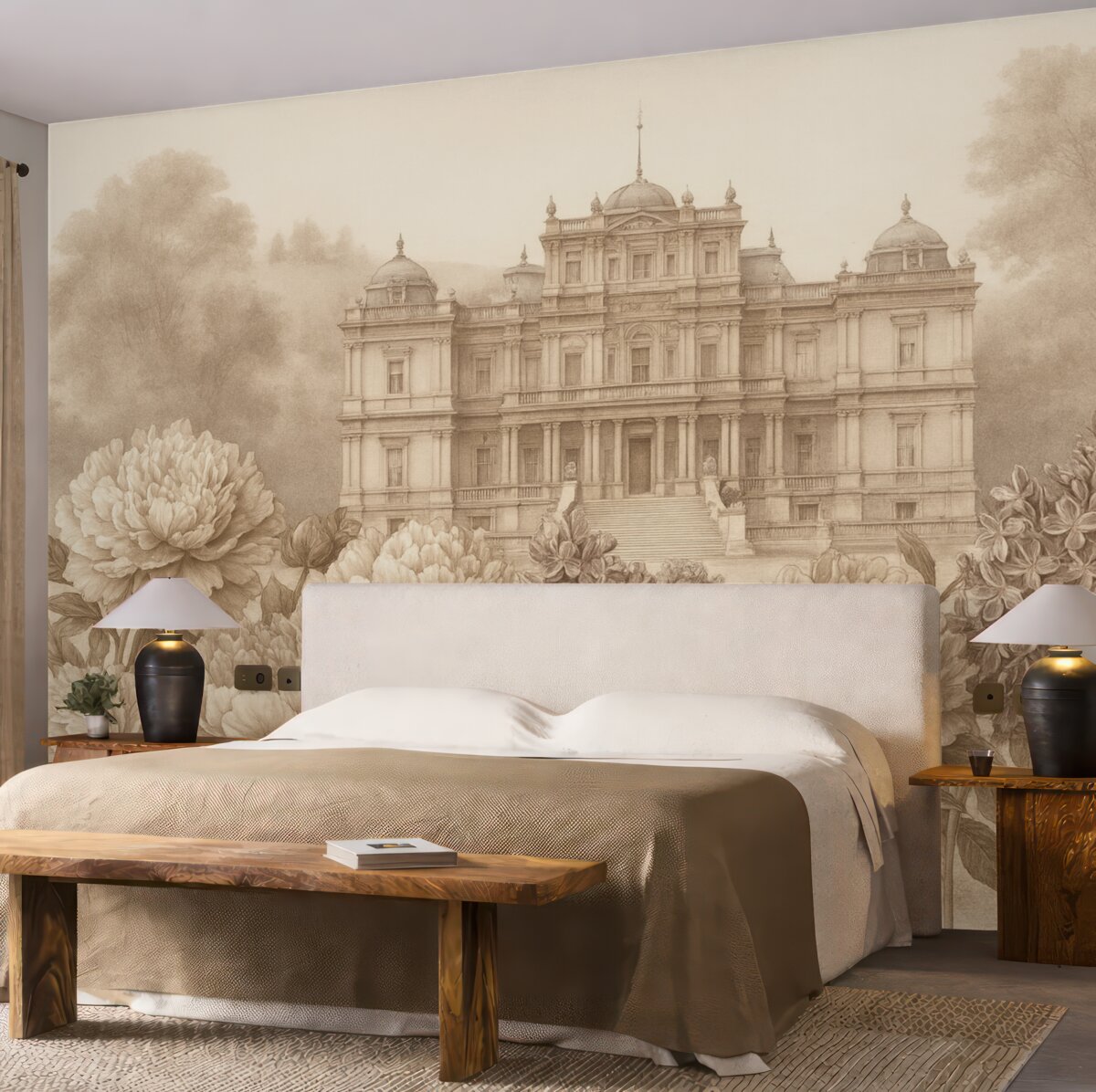 Fototapeta Królewski pałac z ogrodem peonii, w stylu akwareli, przyroda, beżowe odcienie, boho.