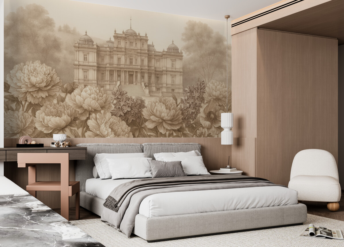 Fototapeta Królewski pałac z ogrodem peonii, w stylu akwareli, przyroda, beżowe odcienie, boho.