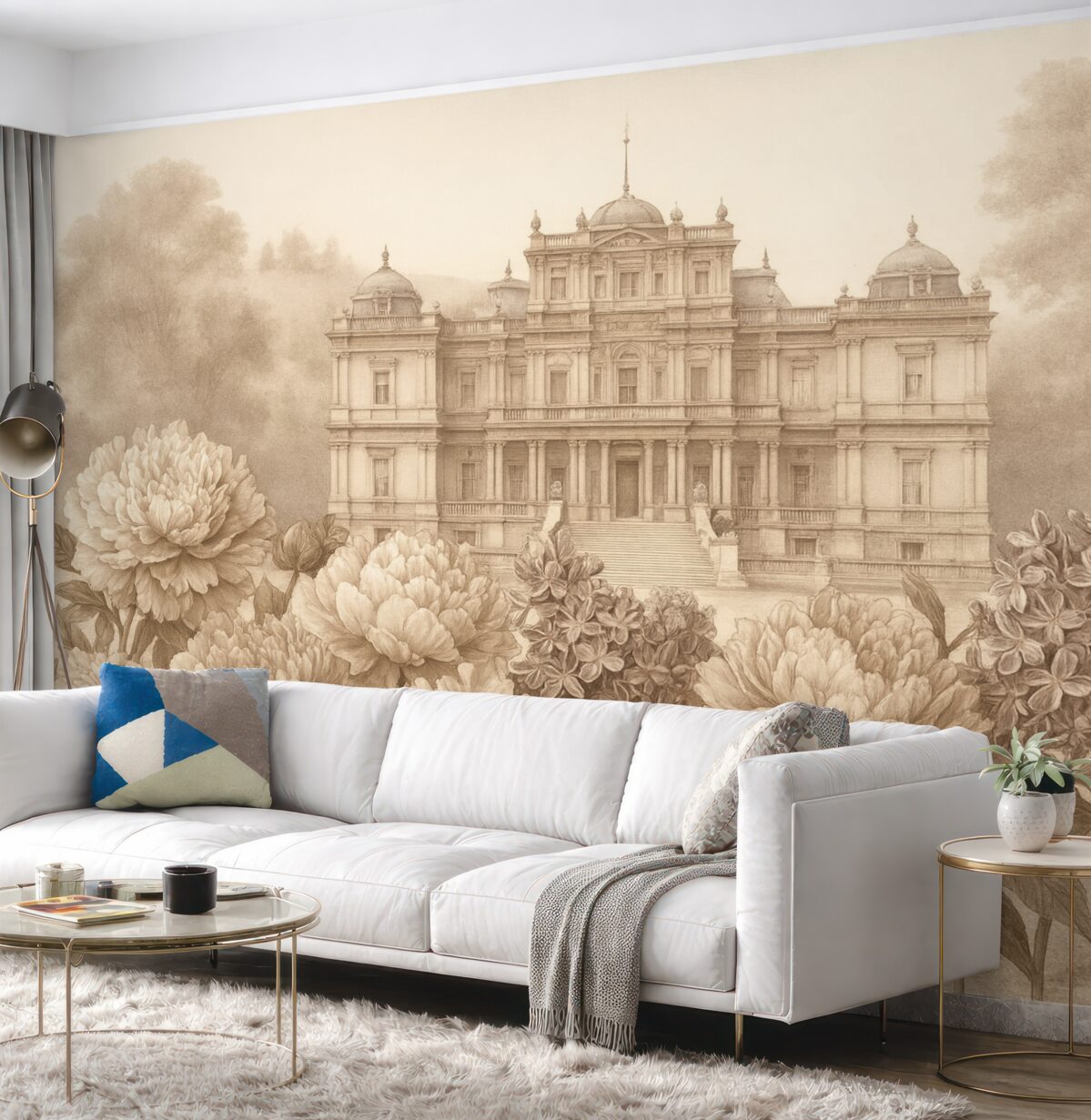 Fototapeta Królewski pałac z ogrodem peonii, w stylu akwareli, przyroda, beżowe odcienie, boho.